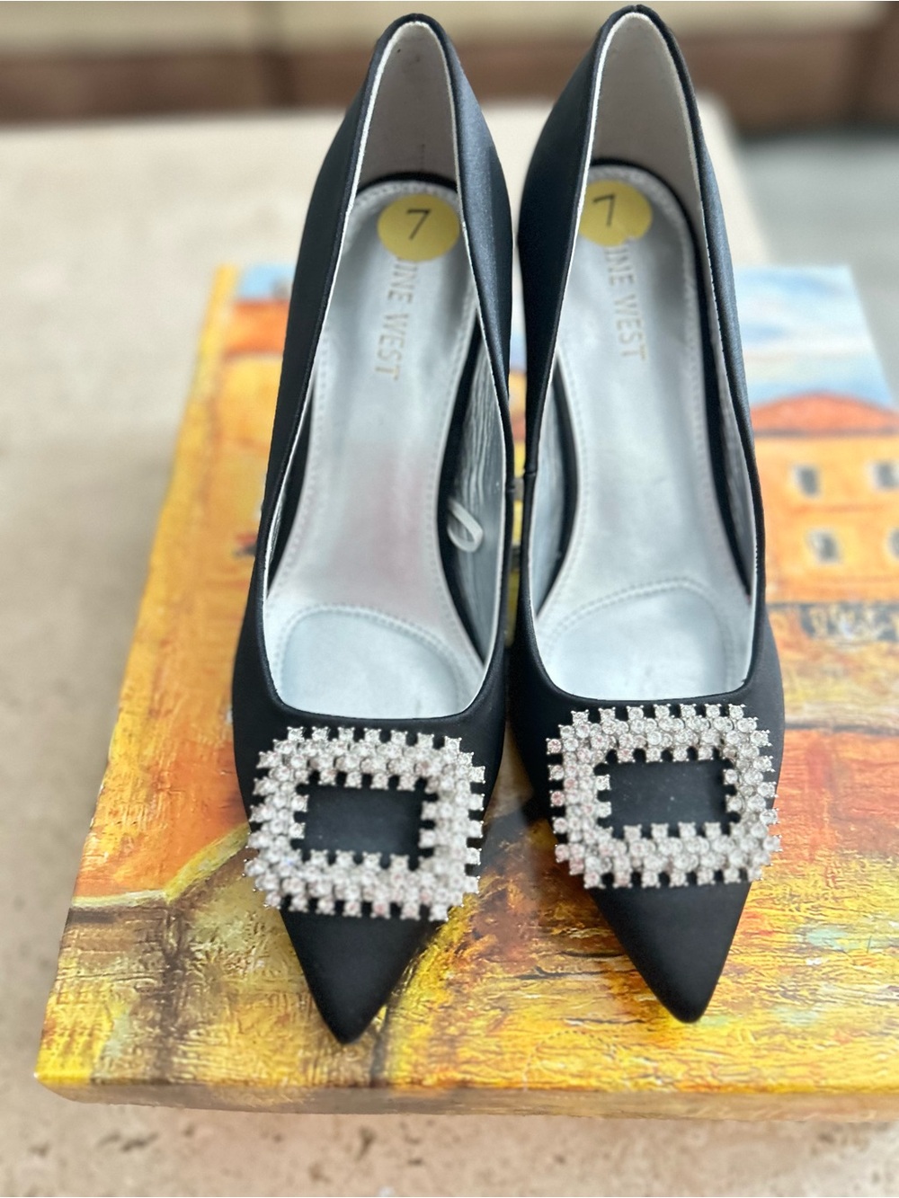 Nine West Black Satin Pointed-Toe Pumps with Rhinestone Buckle Size 7